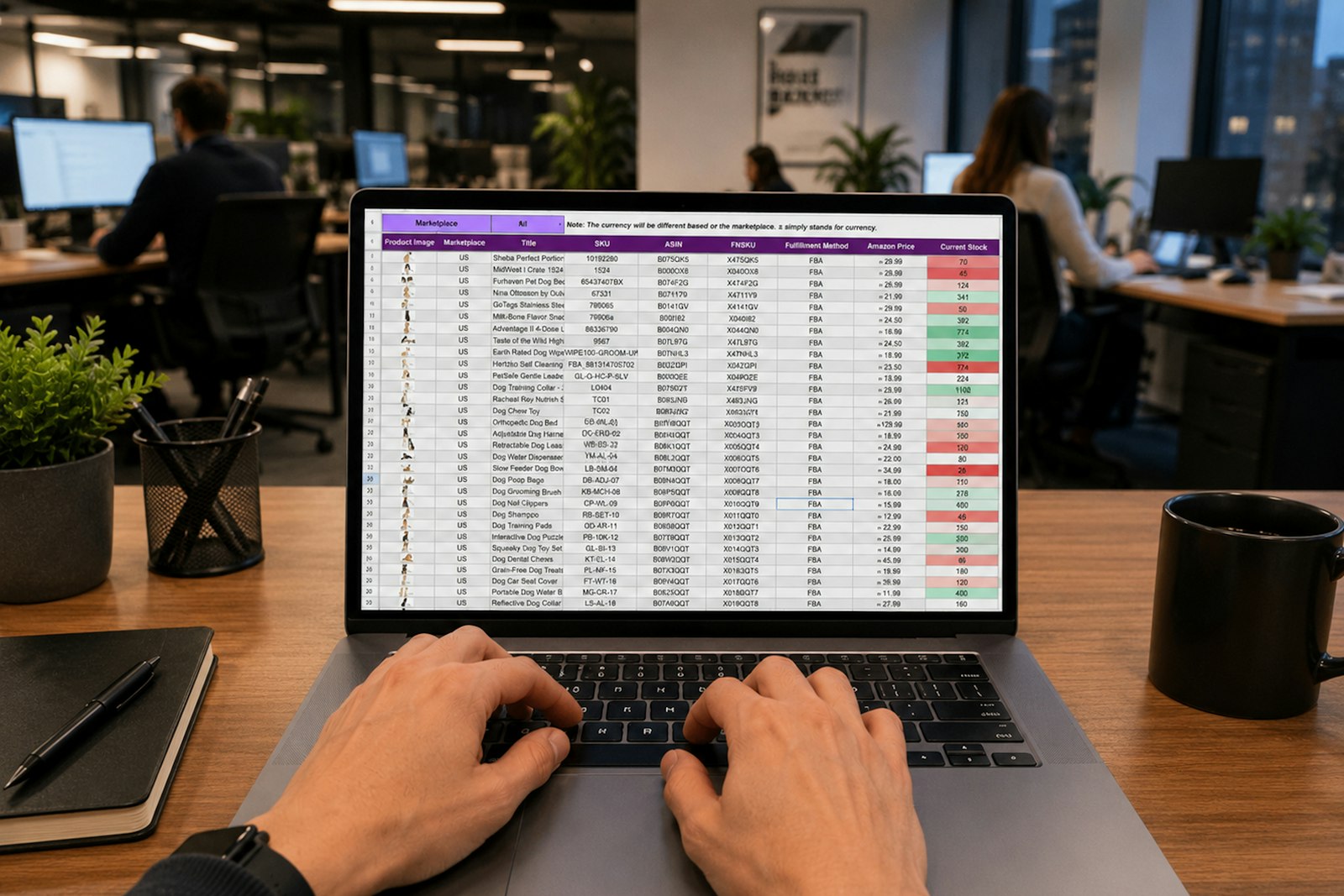 Tangan mengetik di laptop yang menampilkan spreadsheet stok barang yang padat